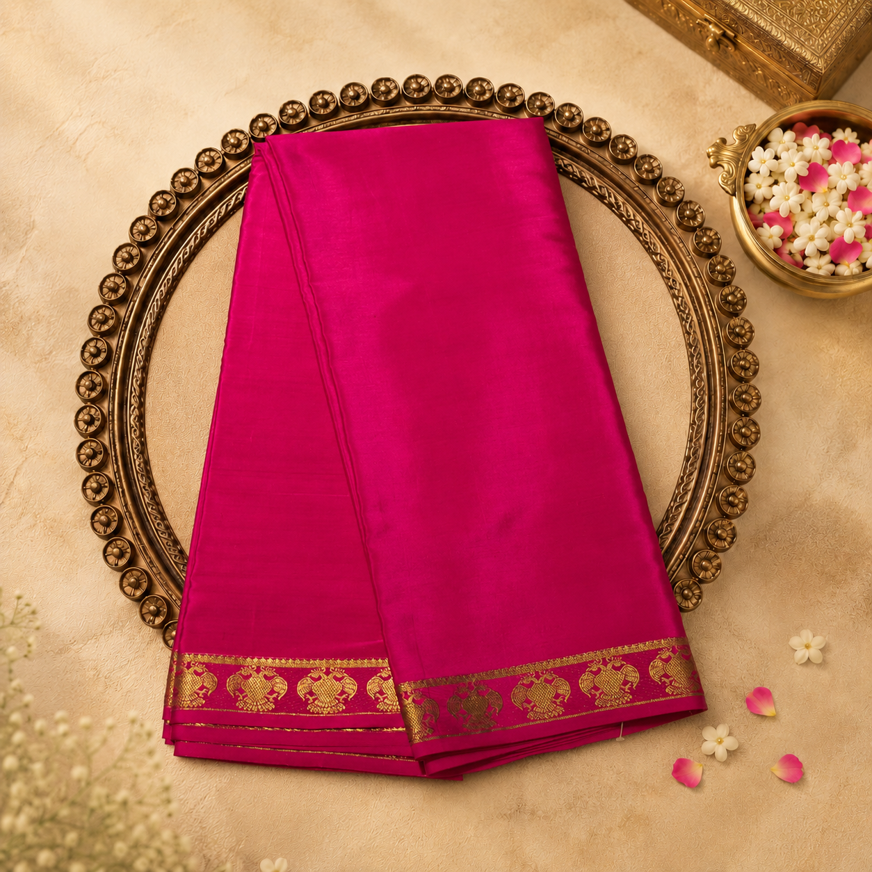 Bright Pink Pure Mysore Crepe Silk Saree with Peacock Zari Border & Pink Blouse