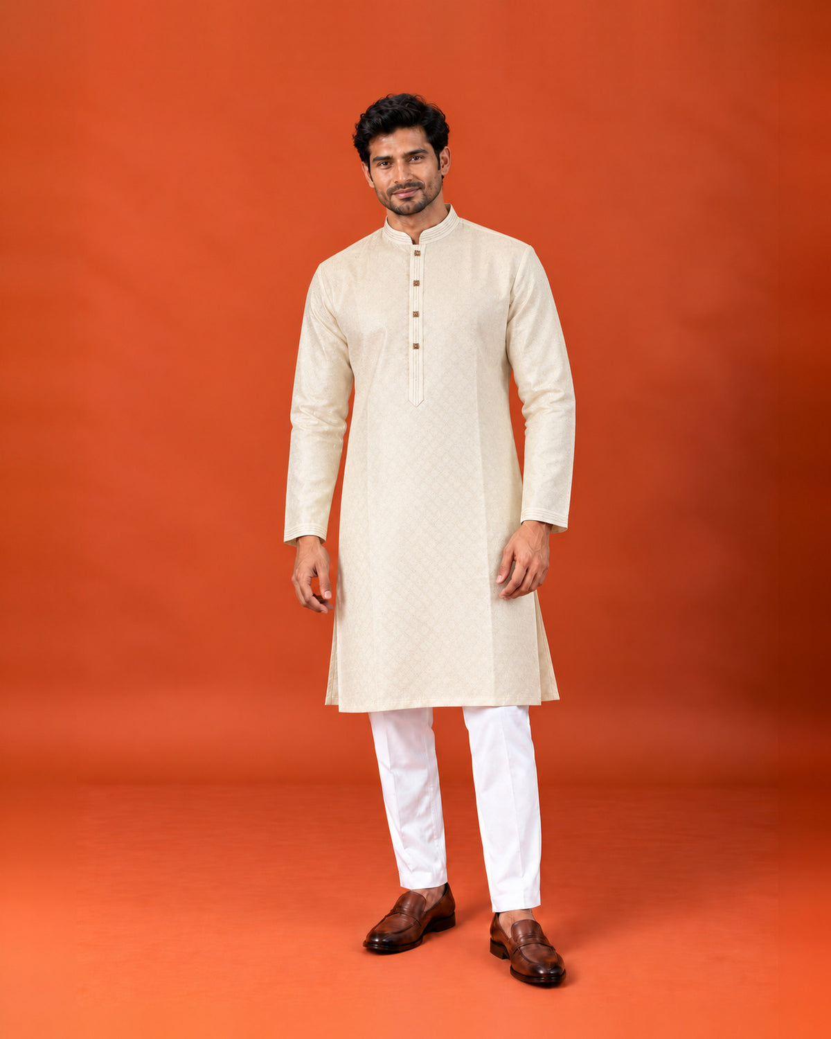 Off-White Silk Self-Weave Kurta with White Pants