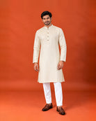 Off-White Silk Self-Weave Kurta with White Pants
