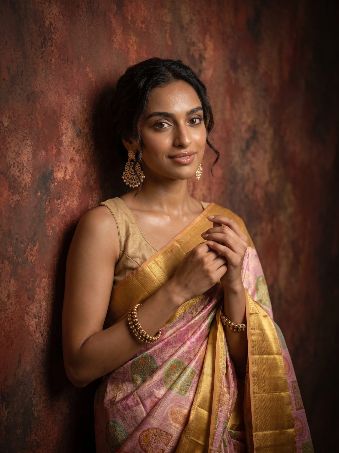 Onion Pink Pure Kanjeevaram Tissue Brocade Saree with Yellow Zari Border - detail