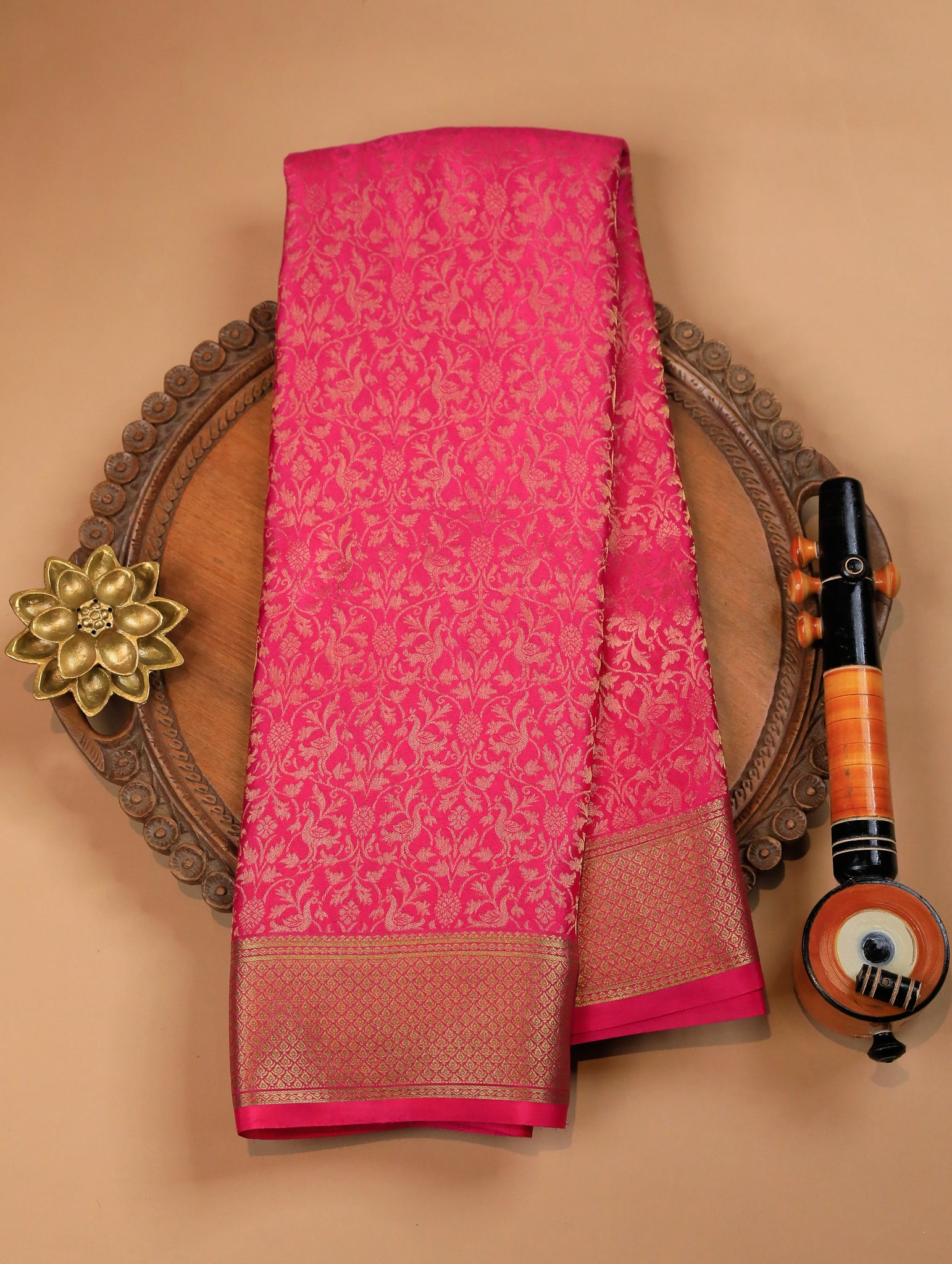 Hot Pink Pure Mysore Silk Saree with Floral Zari Brocade & Border