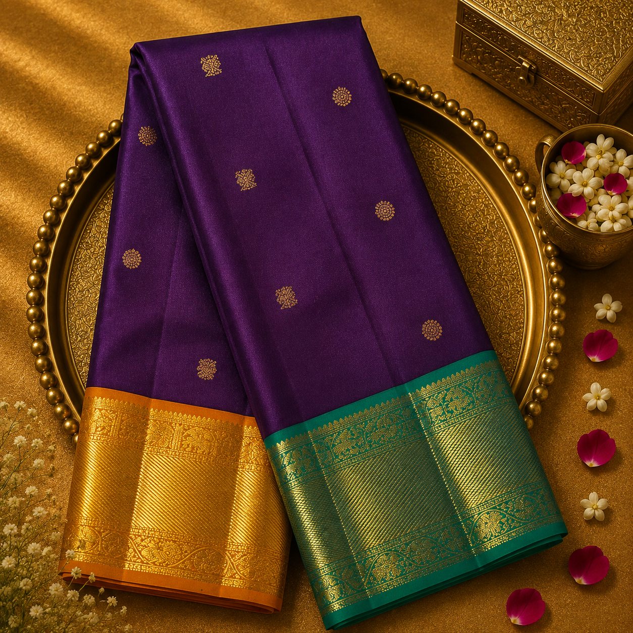 Dark Purple Kanjeevaram Silk Saree with Zari Buttas & Ganga-Jamuna Border