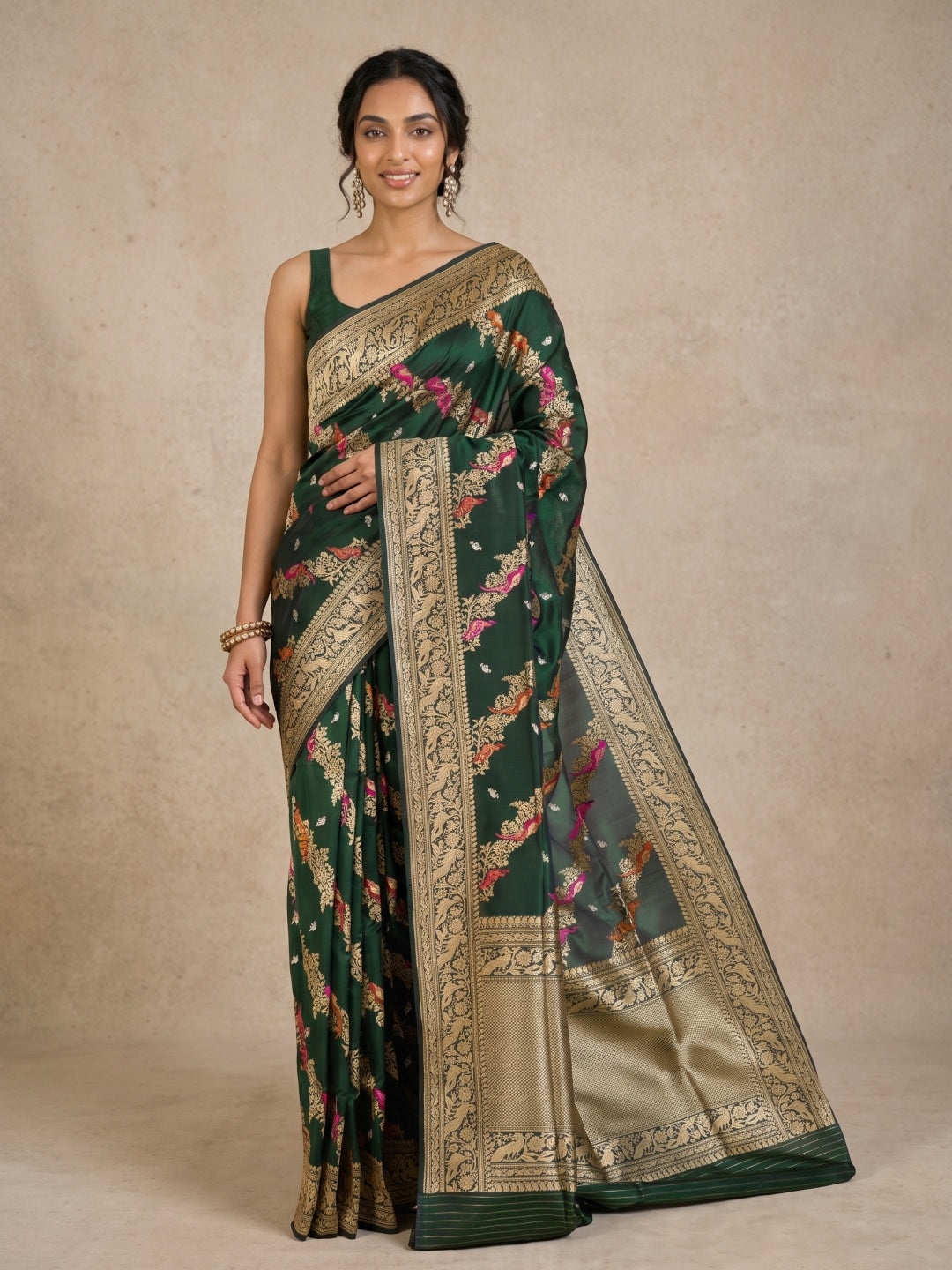 Bottle Green Pure Banarasi Silk Saree with Meenakari Birds & Peacock Border - detail