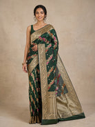Bottle Green Pure Banarasi Silk Saree with Meenakari Birds & Peacock Border - detail
