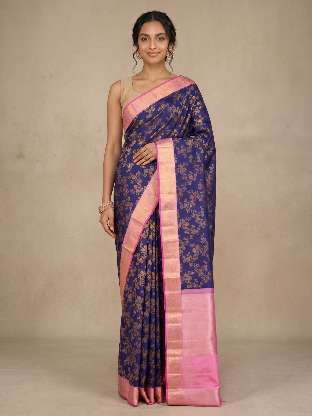 Dark Blue Pure Kanjeevaram Silk Saree with Gold Brocade & Light Pink Border - detail