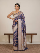 Dark Navy Blue Pure Banaras Brocade Silk Saree with Meenakari & Zari Border - detail