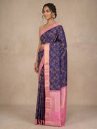 Dark Blue Pure Kanjeevaram Silk Saree with Gold Brocade & Light Pink Border