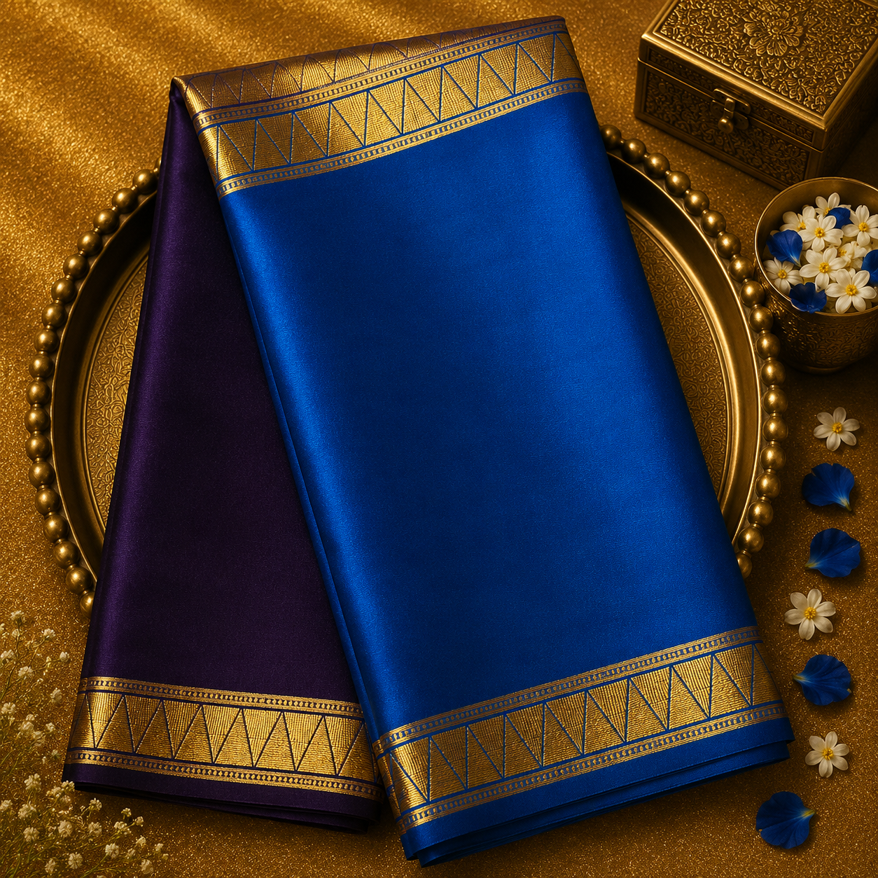 Dark Purple-Peacock Blue Half-and-Half Pure Mysore Crepe Silk Saree