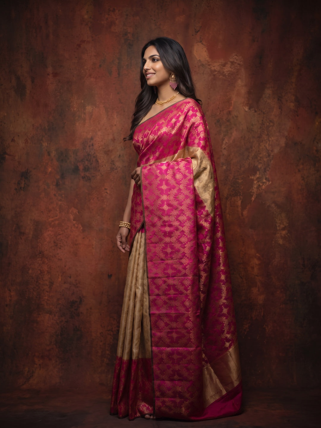 Golden Beige Pure Kanjeevaram Tissue Silk Saree with Diagonal Checks - detail