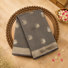 Grey Semi Banarasi Silk Saree with Gold Zari Floral Motifs & Border