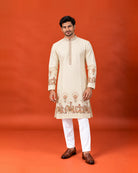 Off-White Silk Embroidered Sequin Kurta with White Pants