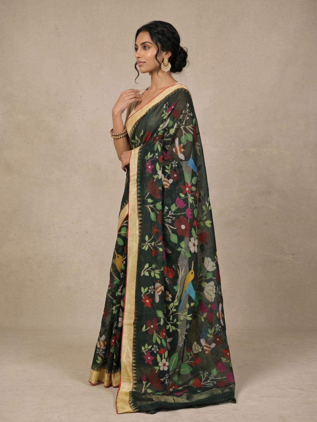 Bottle Green Pure Khaddi Saree with Meenakari Jamdani & Gold Border