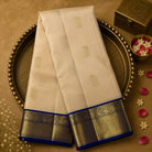 Beige Kanjeevaram Silk Saree with Mango Zari, Ink Blue-Gold Border & Blouse