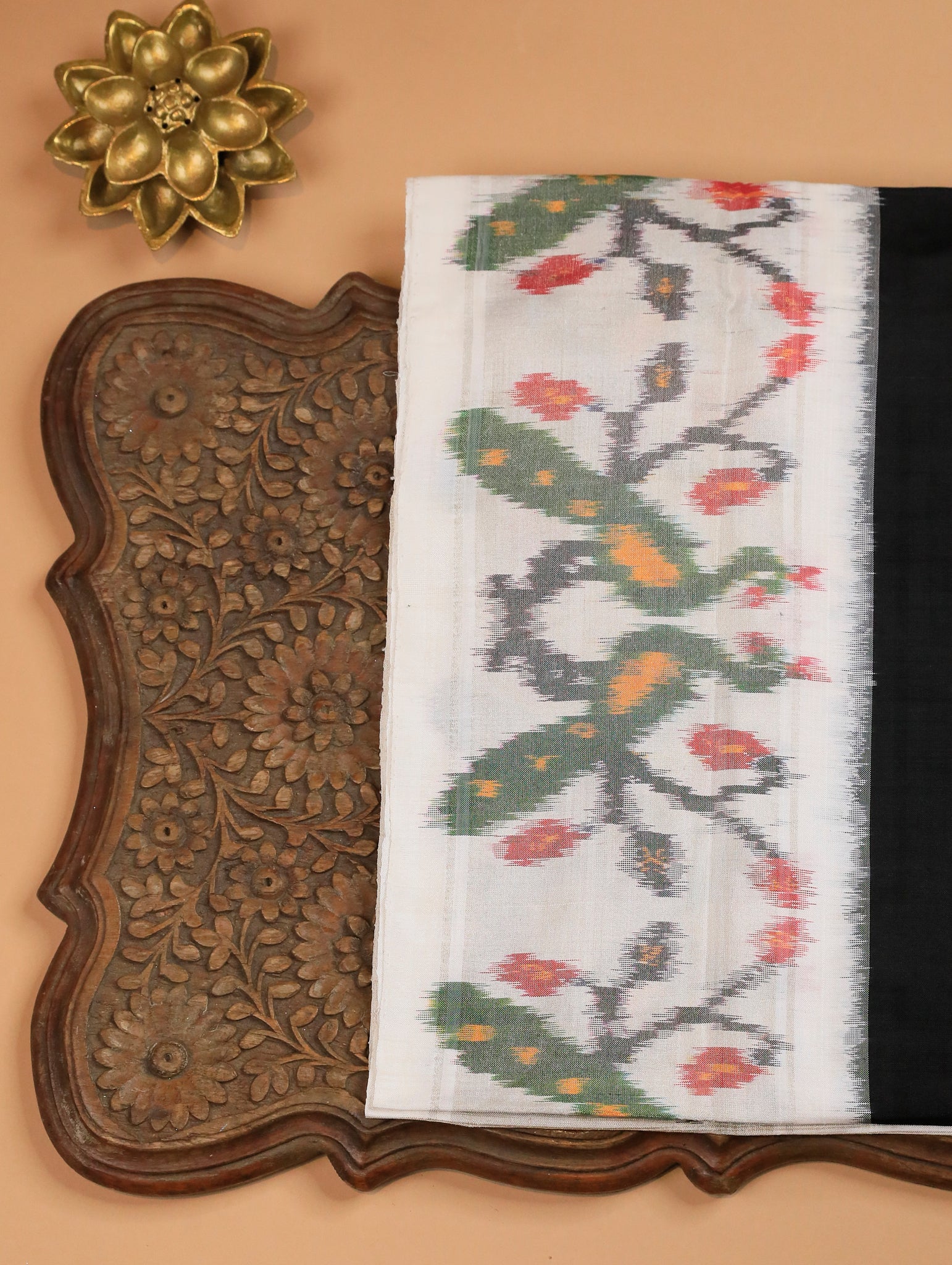 Black Pure Ikat Silk Saree with White Buttas & Broad Ikat Border