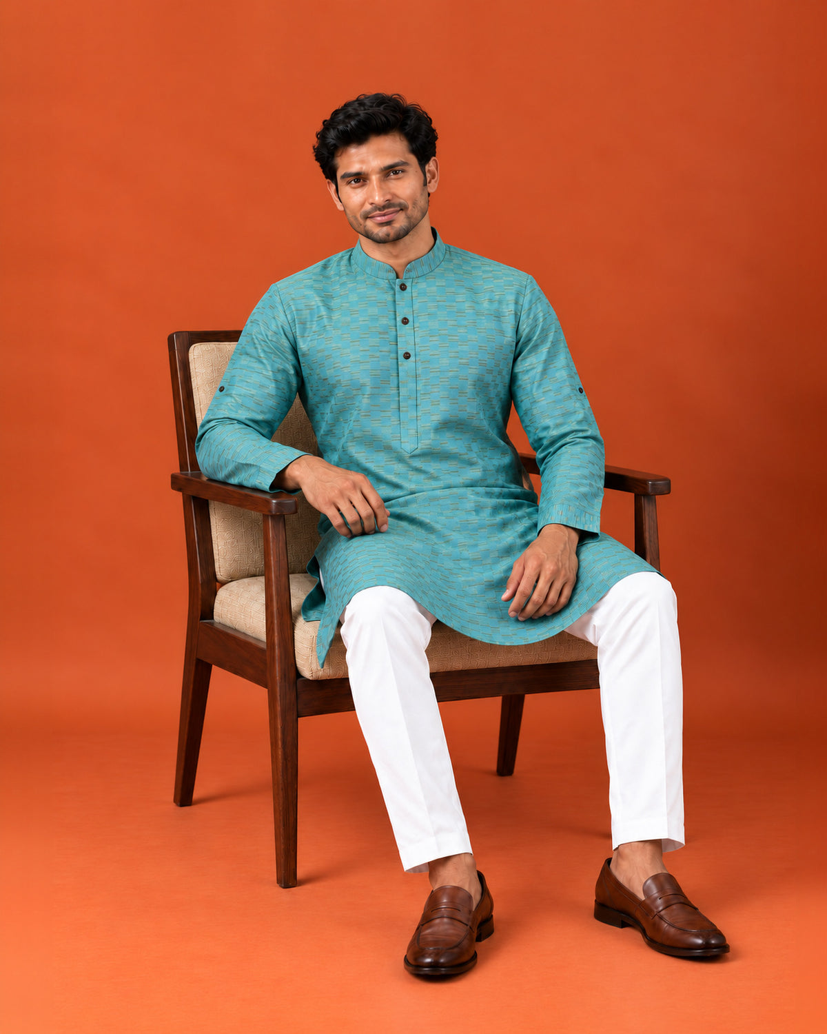 Teal Rayon Cotton Kurta with White Pants