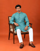 Teal Rayon Cotton Kurta with White Pants