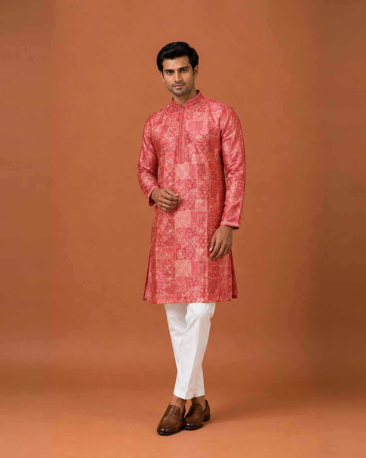 Dark Peach Silk Printed Kurta with White Pants