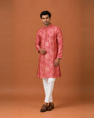 Dark Peach Silk Printed Kurta with White Pants