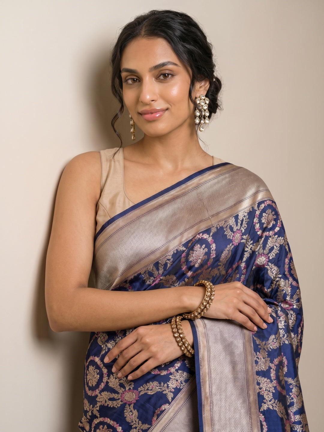 Dark Navy Blue Pure Banaras Brocade Silk Saree with Meenakari & Zari Border - detail