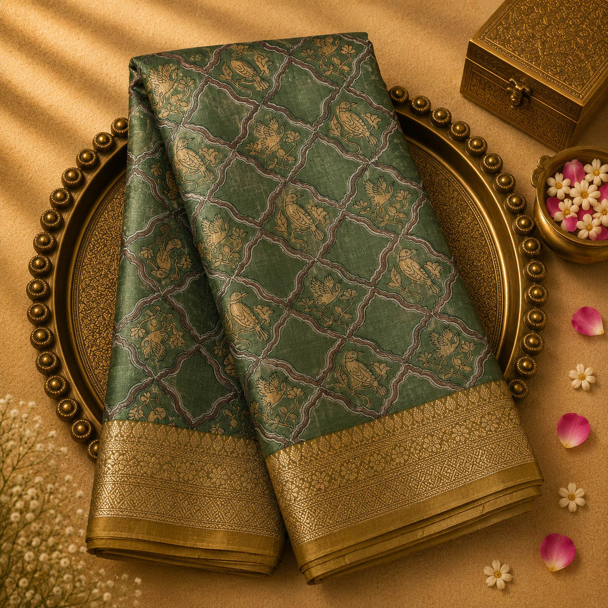 Pista Green Maheshwari Cotton Saree with Bird Print & Zari Border