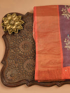 Dusky Purple Pure Tussar Silk Saree with Floral Print & Orange Border