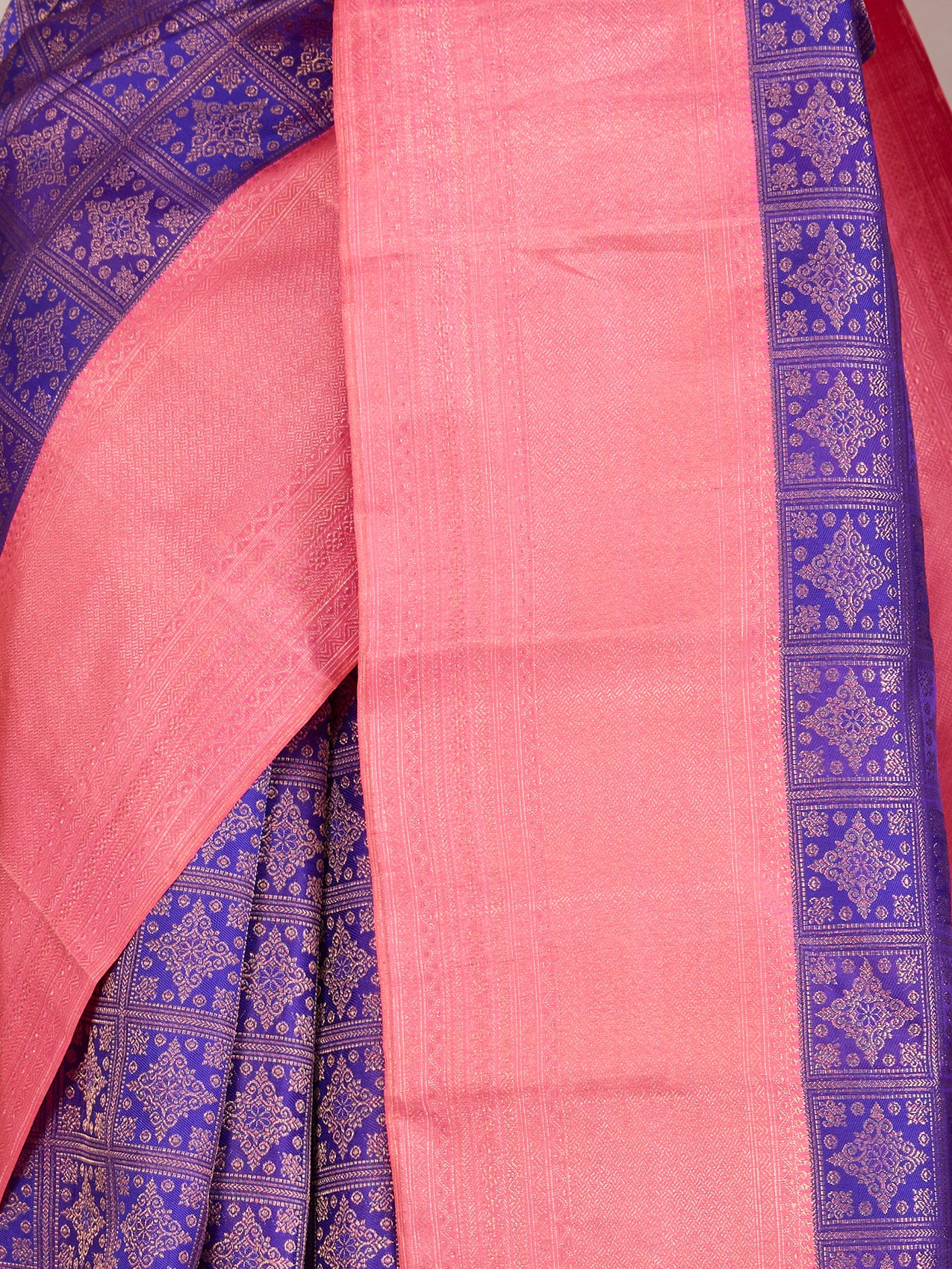 Bright Purple Pure Kanjeevaram Silk Saree with Brocade & Peach Zari Border - detail