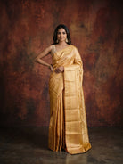 Bright Reddish Orange Pure Kanjeevaram Silk Saree with Gold & Silver Vertical Weave - detail