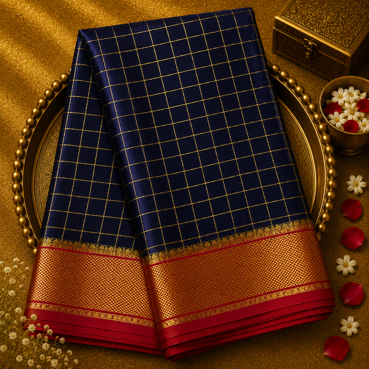 Dark Purple Pure Mysore Crepe Silk Saree with Zari Checks