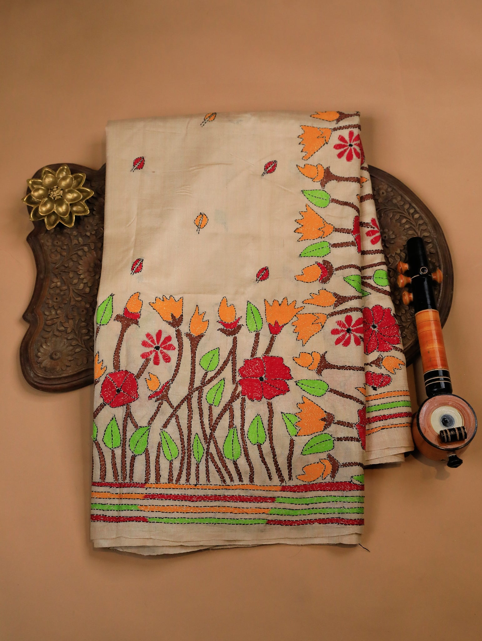 Cream Pure Tussar Silk Saree with Leaf Buttas & Floral Embroidery Border