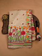 Cream Pure Tussar Silk Saree with Leaf Buttas & Floral Embroidery Border