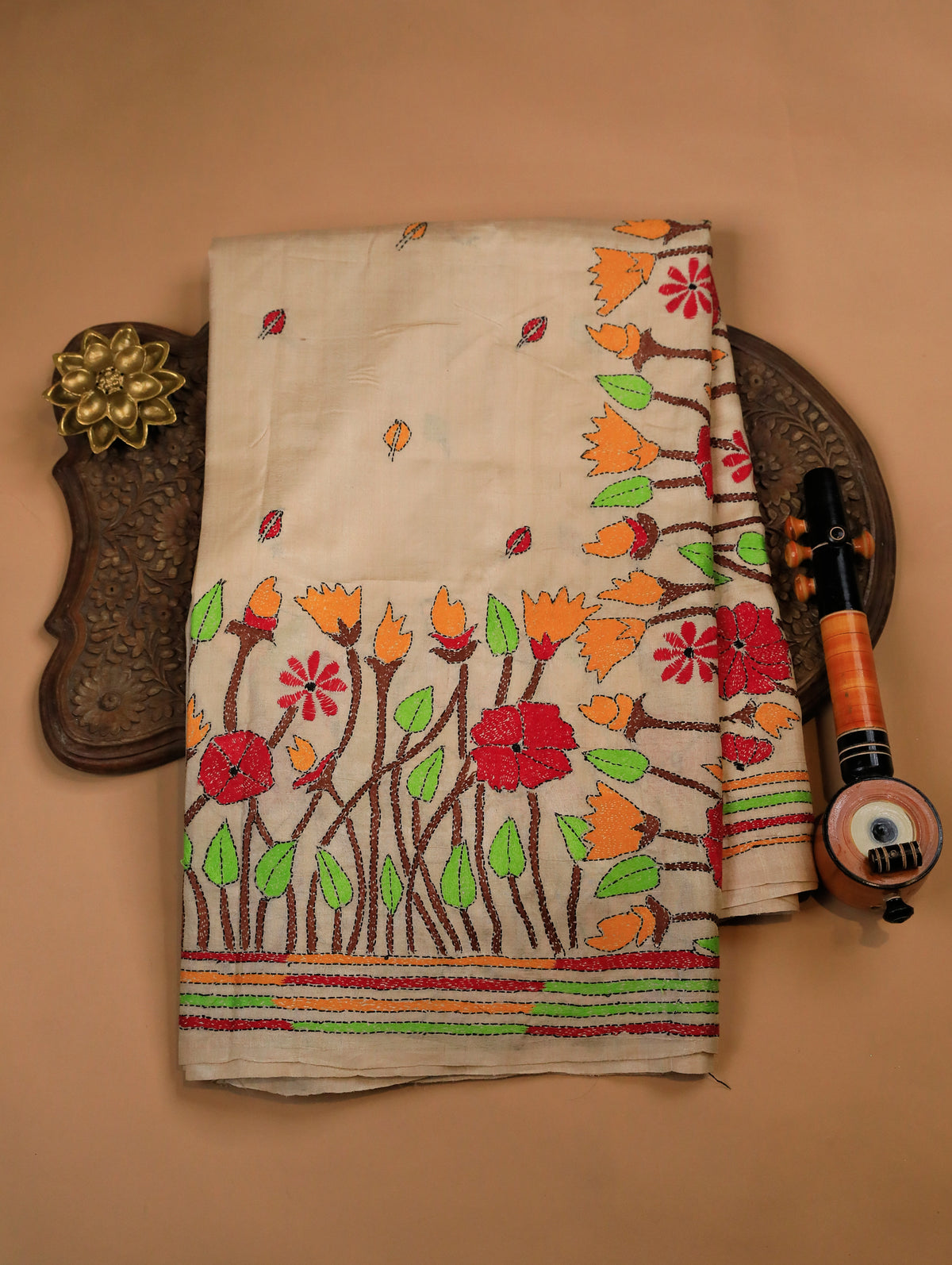 Cream Pure Tussar Silk Saree with Leaf Buttas & Floral Embroidery Border