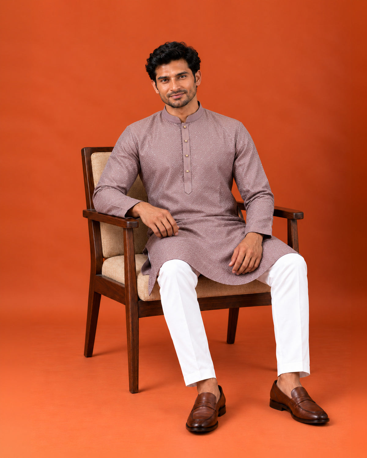 Dusky Lavender Silk Embroidered Kurta with White Pants