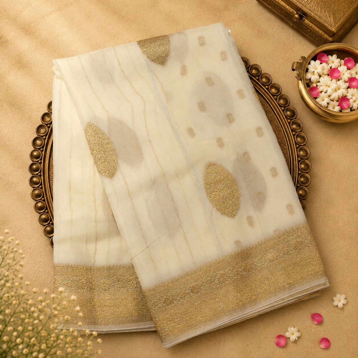 Half White Kora Silk Saree with Gold Zari Floral Design & Motifs