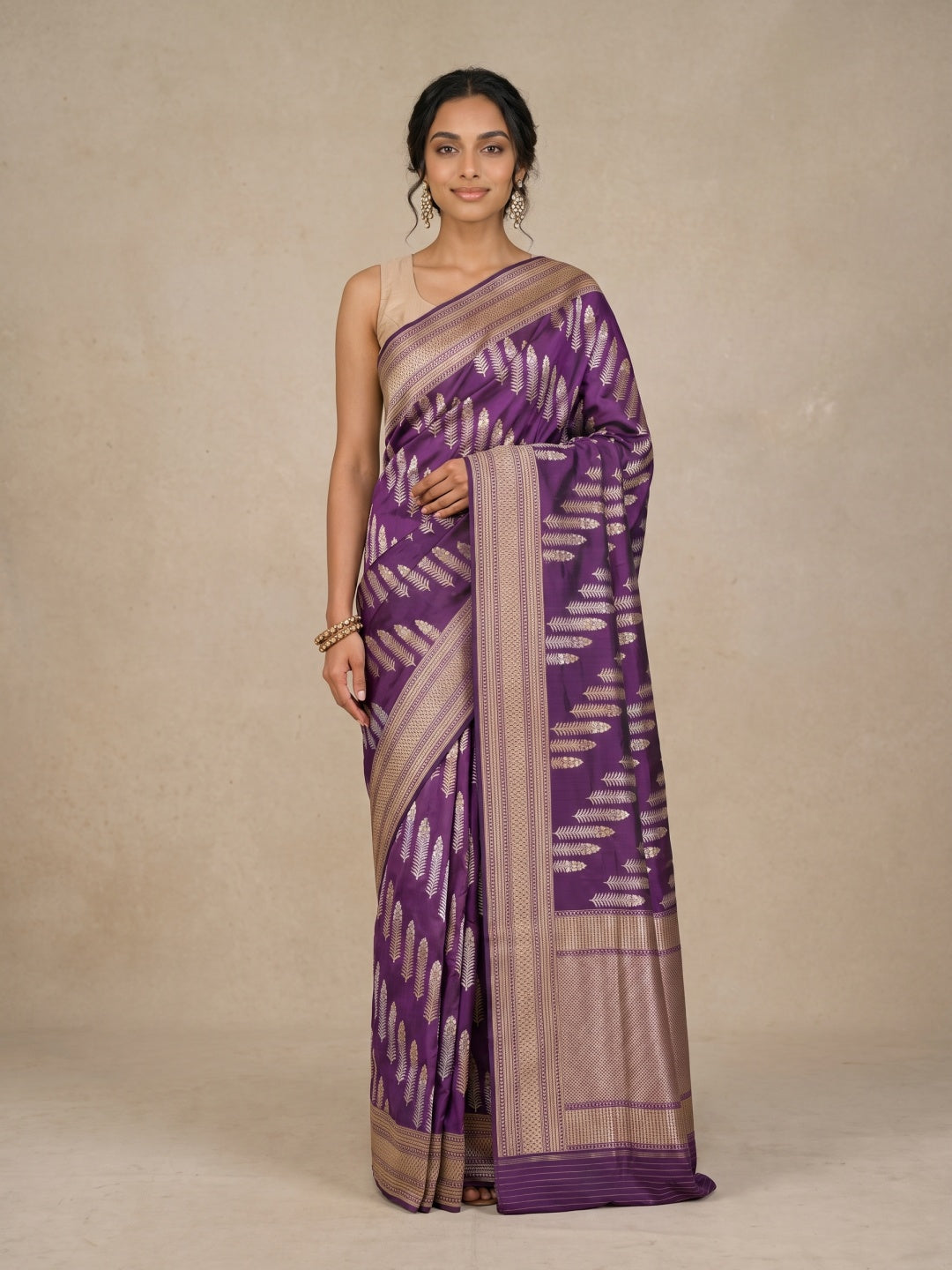 Purple Pure Banarasi Silk Saree with Gold & Silver Diagonal Motifs - detail