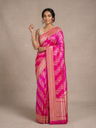 Bright Pink Pure Banarasi Silk Saree with Gold & Silver Diagonal Motifs - detail