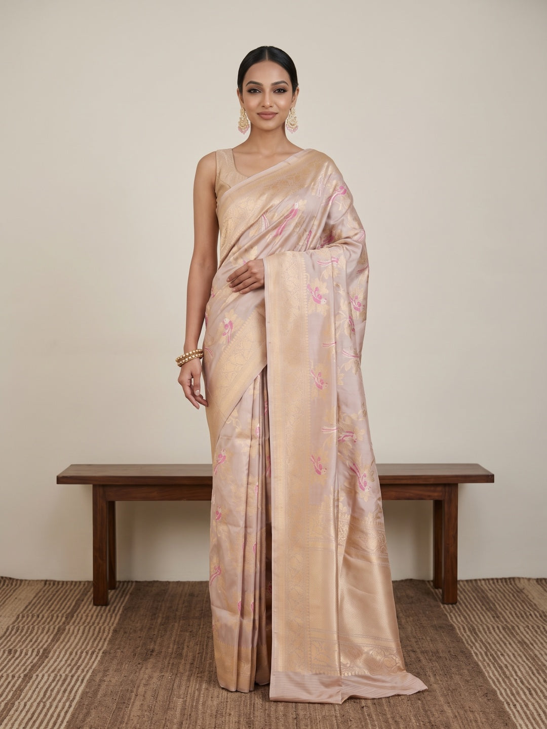 Light Brownish Beige Pure Banarasi Silk Saree with Meenakari Border - detail