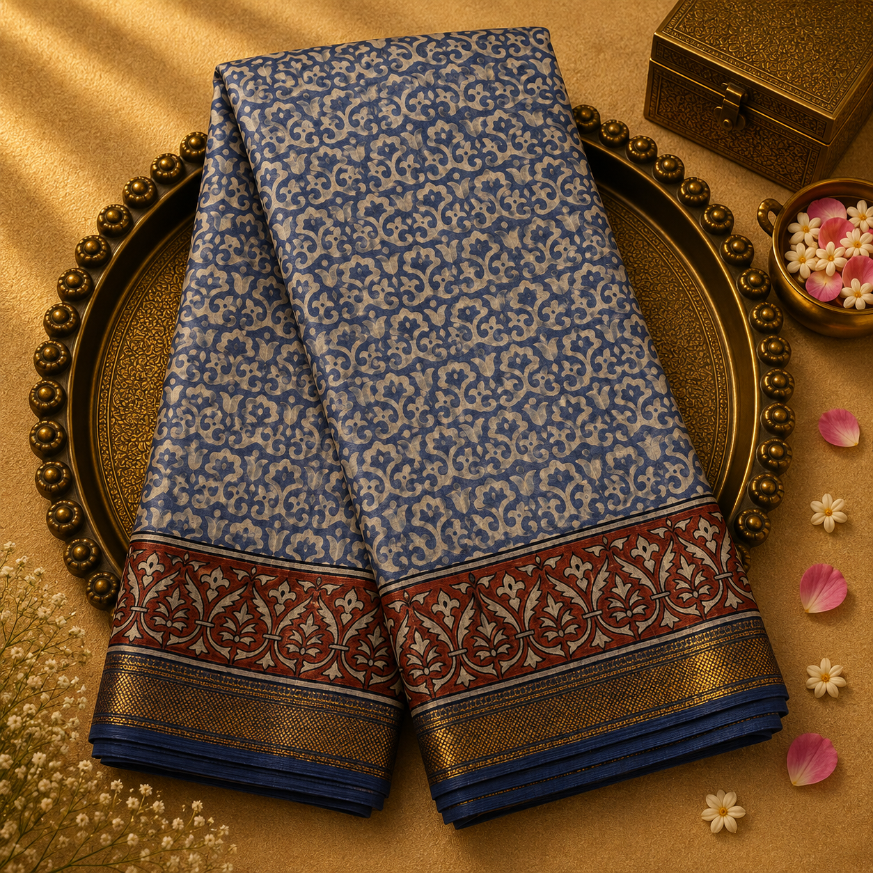 Light Ink Blue Chanderi Silk Saree with Rust Print & Zari Border