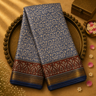Light Ink Blue Chanderi Silk Saree with Rust Print & Zari Border