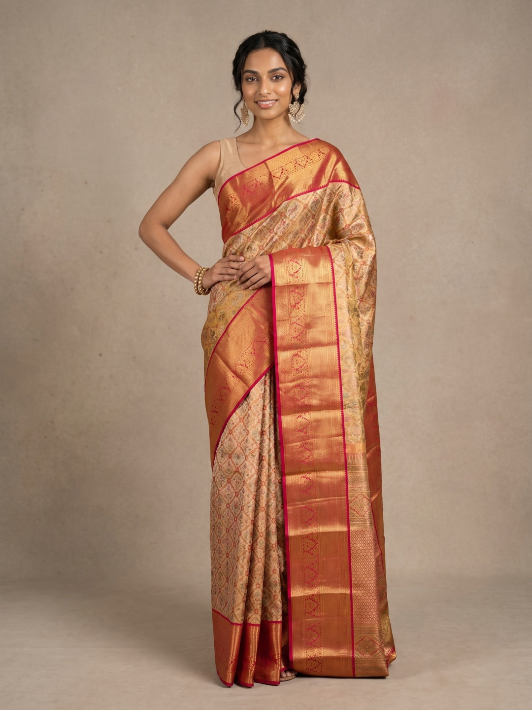 Golden Kanjeevaram Silk Saree with Brocade Weave & Red Zari Border - detail