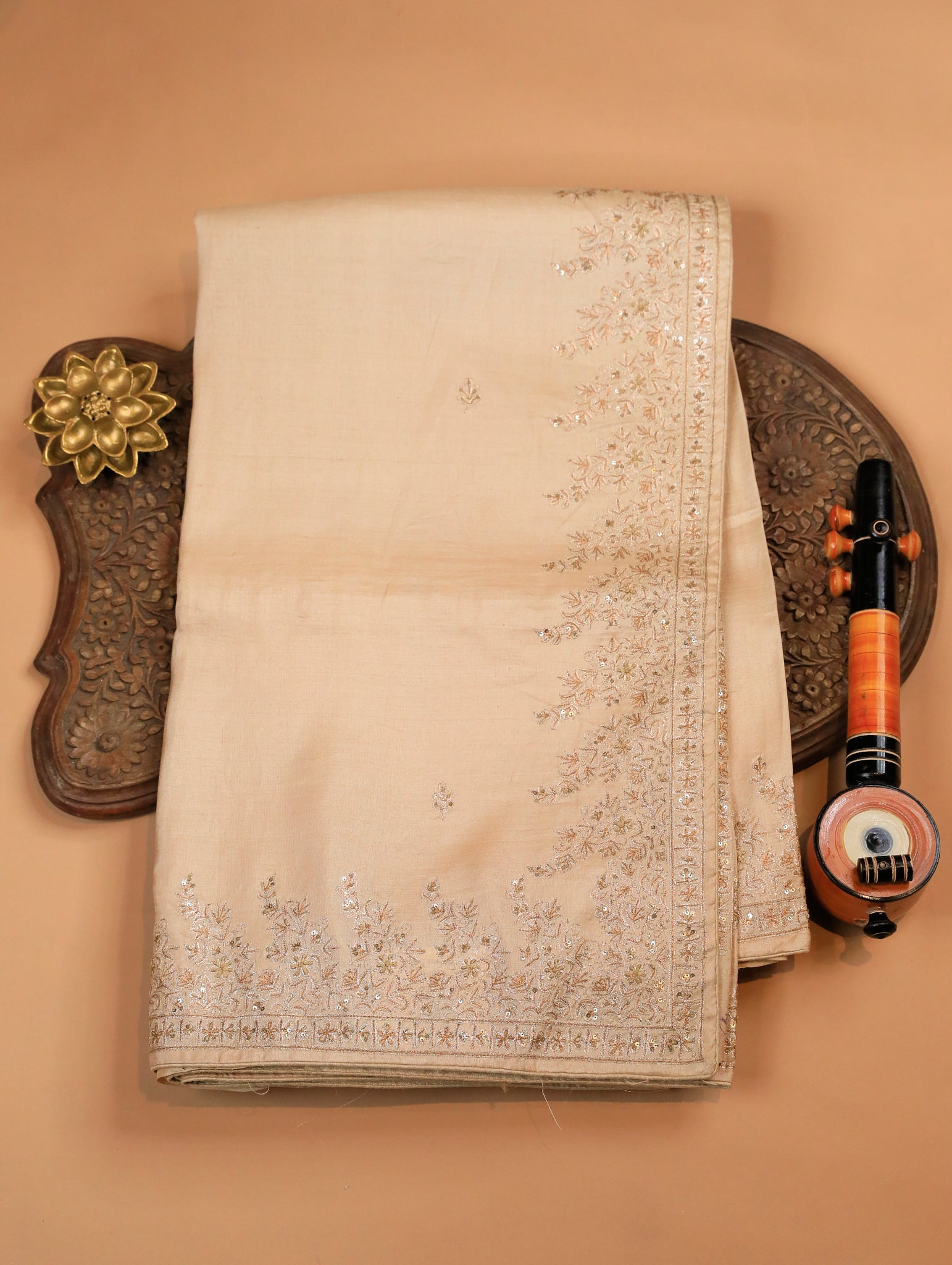 Cream Pure Munga Tussar Silk Saree with Zari Buttas & Embroidered Border