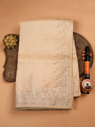 Cream Pure Munga Tussar Silk Saree with Zari Buttas & Embroidered Border