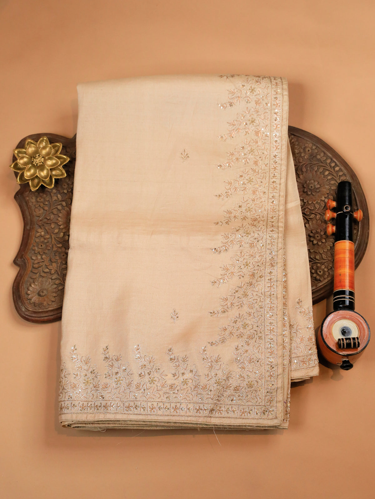 Cream Pure Munga Tussar Silk Saree with Zari Buttas & Embroidered Border