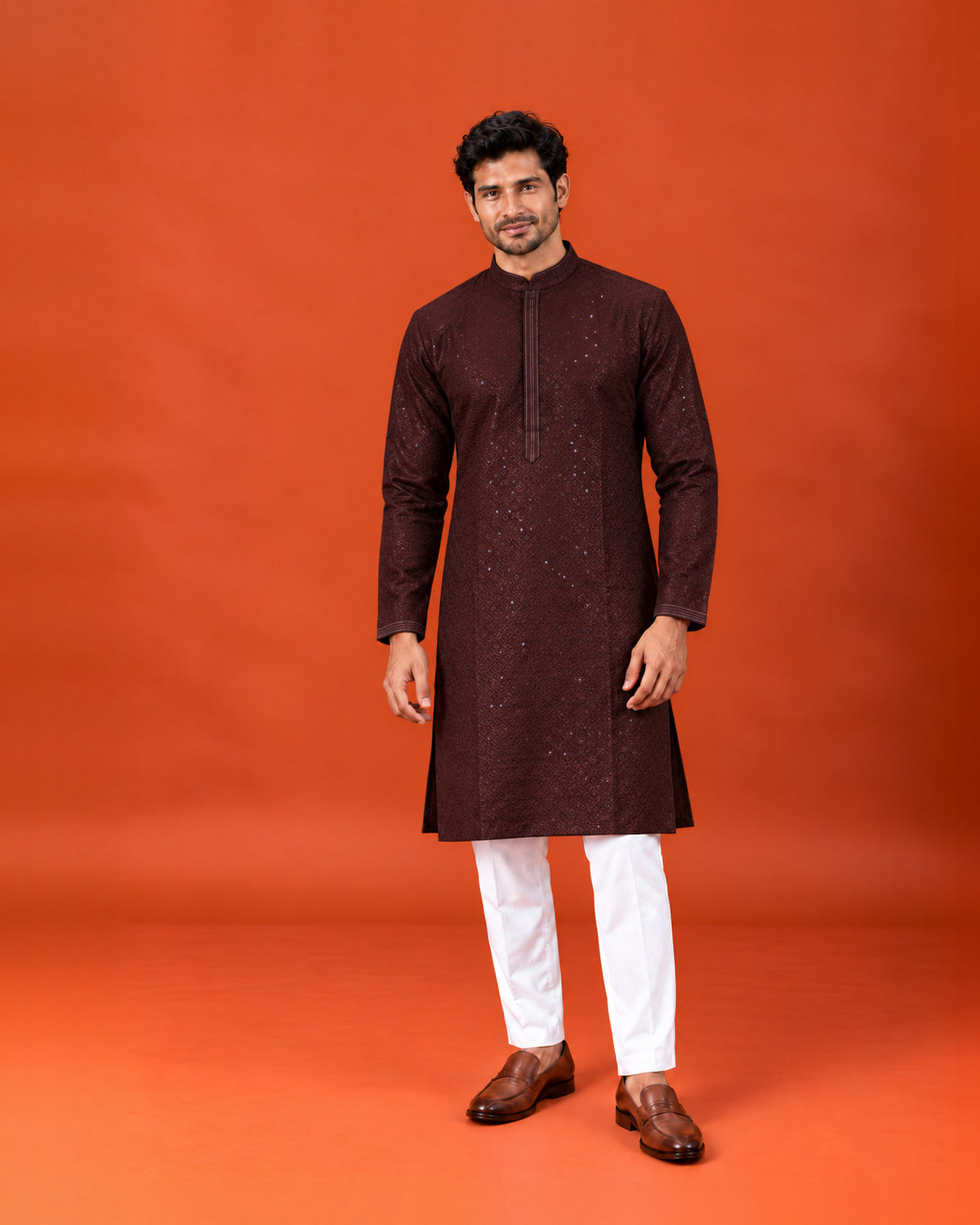 Maroon Red Silk Embroidered Sequin Kurta with White Pants
