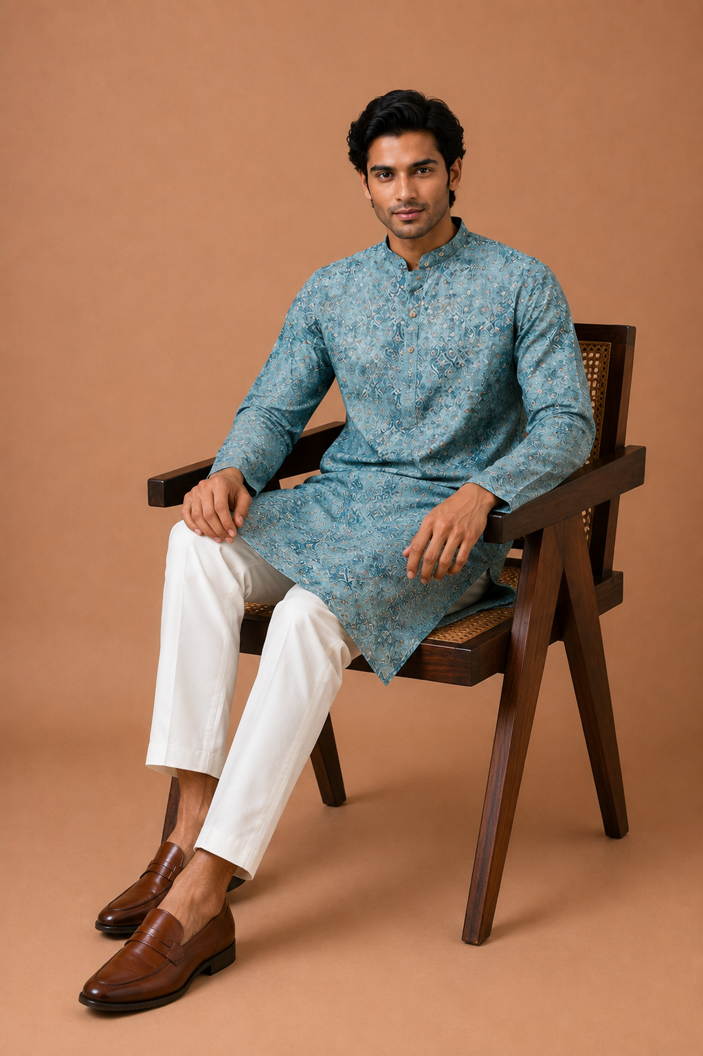 Blue Abstract Print Sequin Rayon Cotton Kurta Set