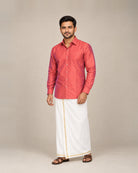 Rust Orange and Red Dual-Tone Plain Raw Silk Shirt