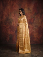 Bright Reddish Orange Pure Kanjeevaram Silk Saree with Gold & Silver Vertical Weave - detail