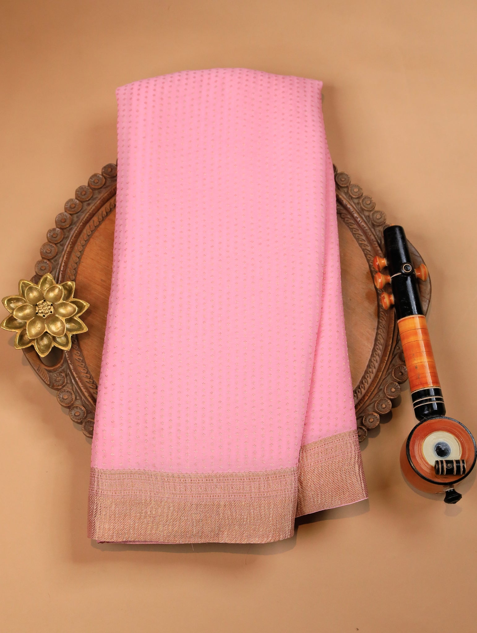 Light Pink Mysore Georgette Silk Saree with Zari Detail & Border