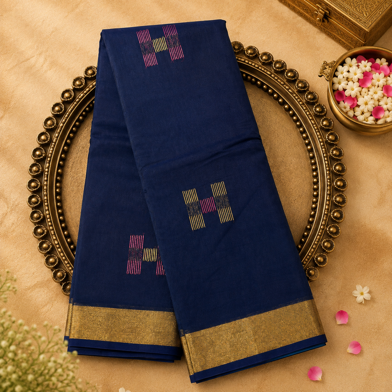 Dark Blue Pure Silk Cotton Saree with Woven Motifs
