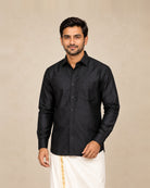 Black Plain Raw Silk Shirt