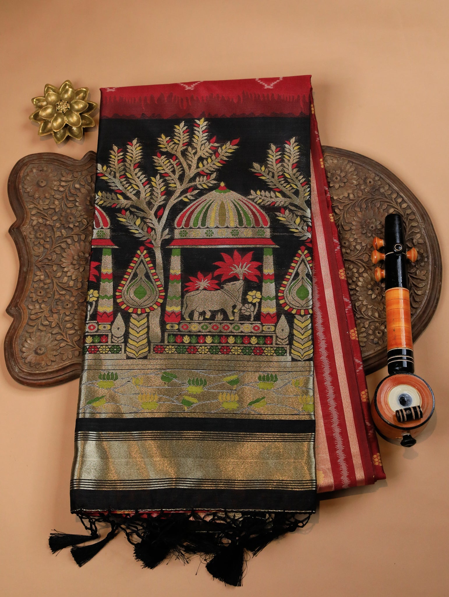 Brick Red Semi Raw Silk Saree with Ikat Weave & Floral Zari Border